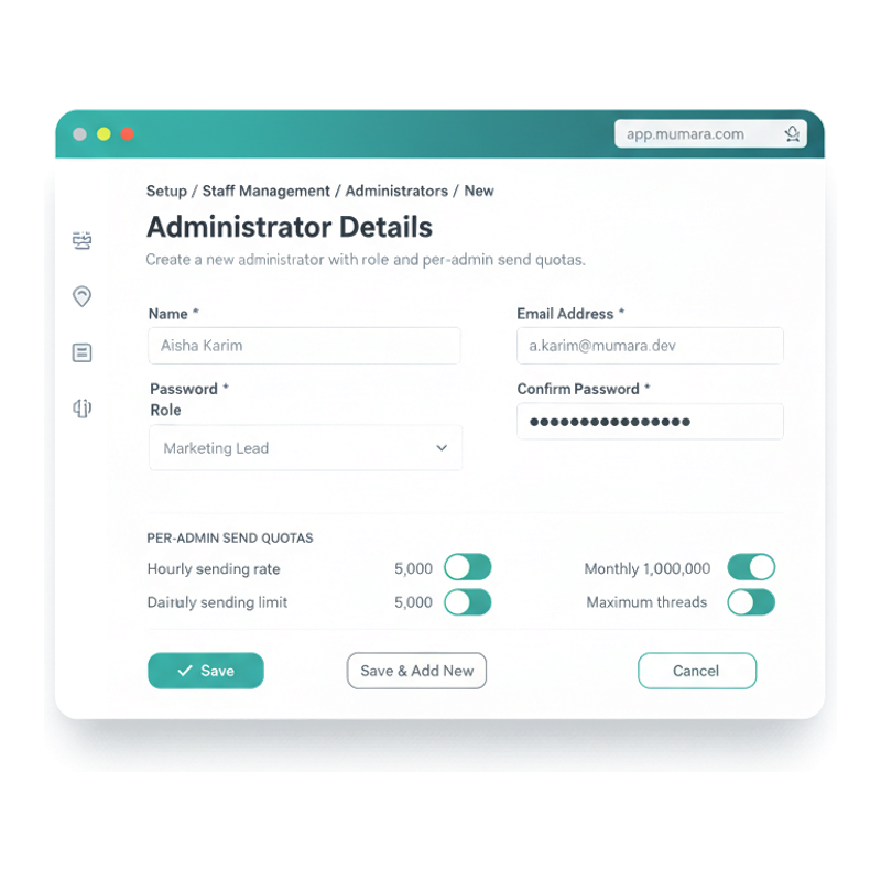 Mumara Administrator Details form — name, email address, password, role fields plus per-admin send-quota toggles for hourly rate, daily limit, monthly limit, and maximum threads