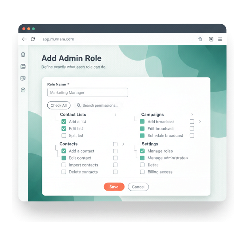 Mumara Add Admin Role page — Role Name input, search permissions box, hierarchical checkbox tree for Contact Lists / Contacts / Campaigns / Settings sections