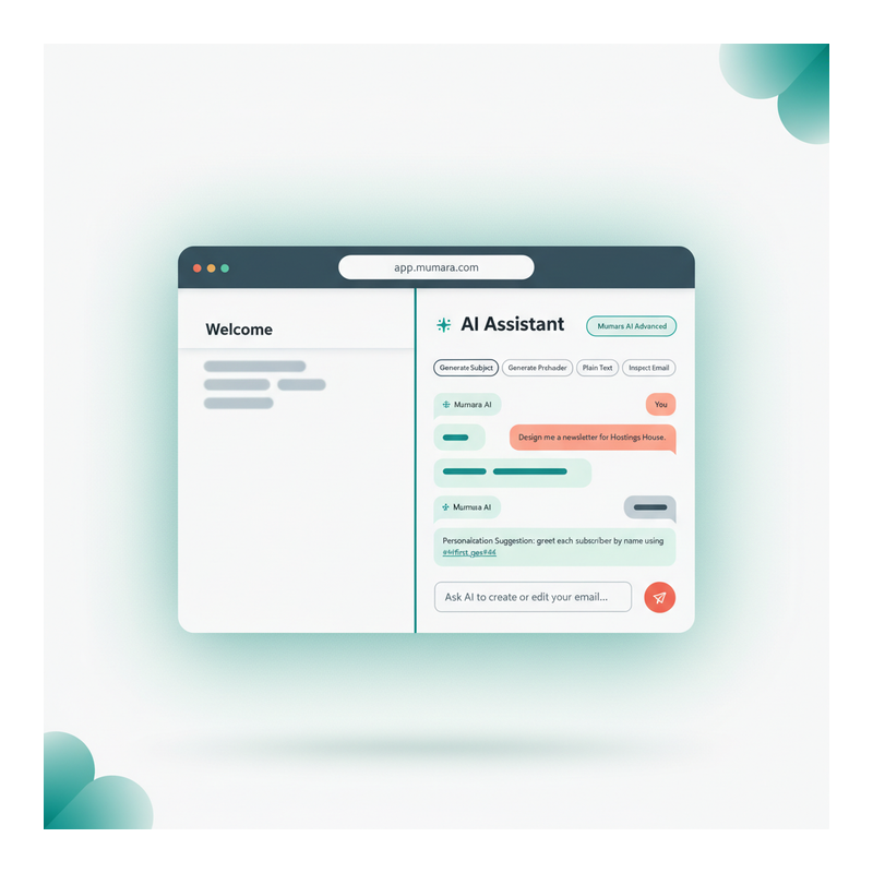 Mumara AI Assistant chat sidebar with model selector, quick actions, and a conversation about designing a newsletter