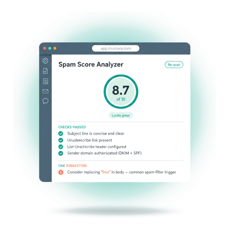 Mumara Campaigns spam score analyzer showing 8.7 out of 10, five passing checks, and one suggestion about trigger words
