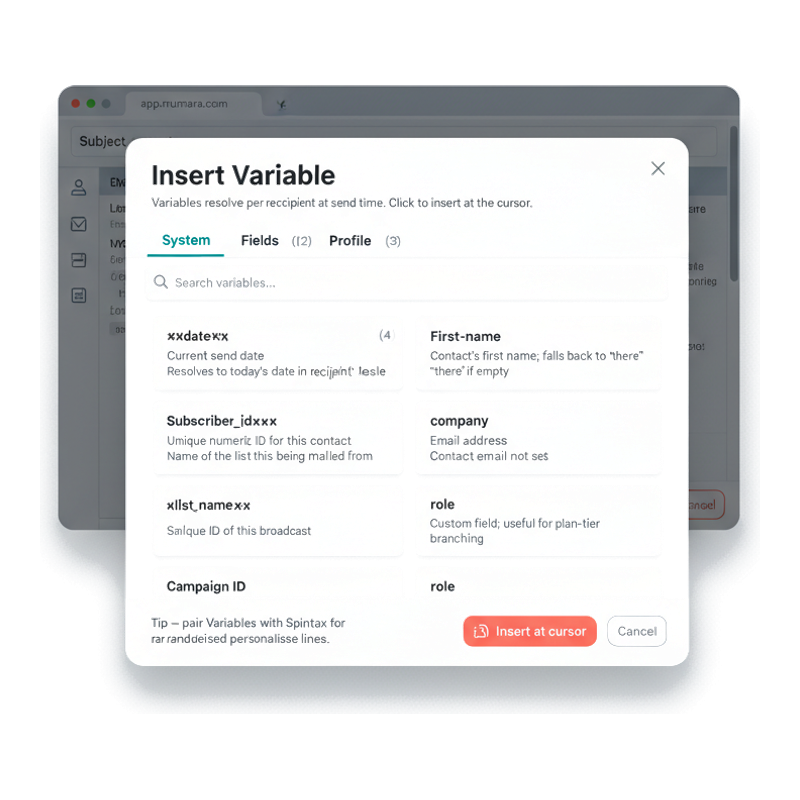 Mumara Insert Variable modal expanded — System / Fields / Profile category tabs, search input, two-column grid of %%tag%% variables with names and per-variable descriptions, Insert at cursor button