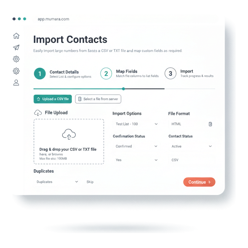 Mumara Campaigns Import Contacts wizard step 1 — guided progress indicator at top, File Upload card with drop zone, Import Options grid with Contact List and duplicate handling