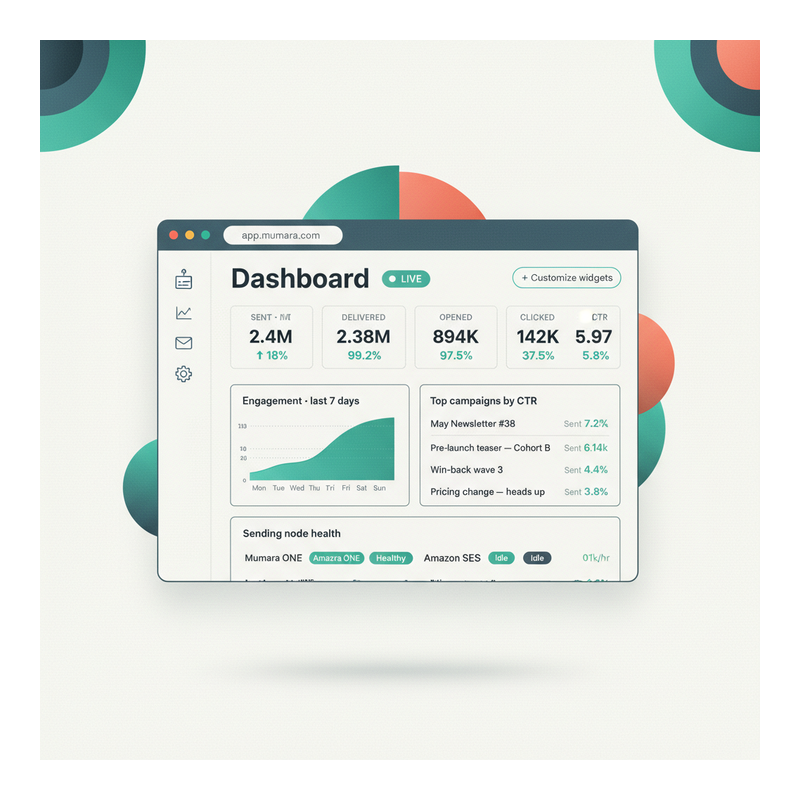 Mumara Dashboard with pinned widgets — four live stat tiles (Sent 2.4M / Delivered 99.2% / Opened 37.5% / Clicked 5.97%), 7-day engagement chart, Top campaigns by CTR list, per-node sending health row showing Mumara ONE, Amazon SES, SendGrid