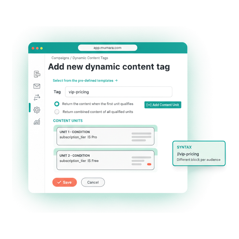 Mumara Add Dynamic Content Tag form — Tag vip-pricing, two Content Units (subscription_tier IS Pro and subscription_tier IS Free), syntax callout [[vip-pricing]]