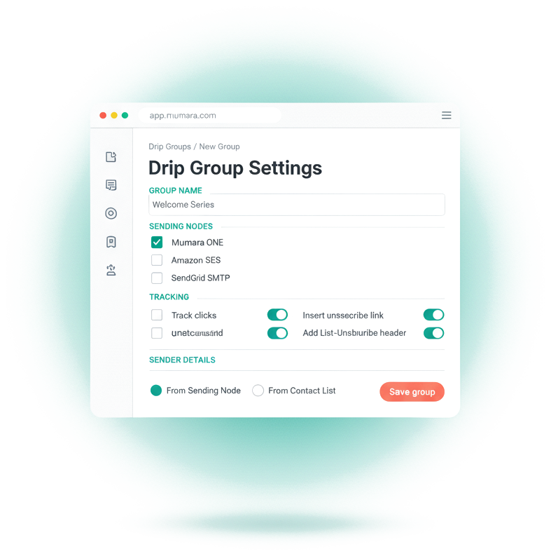 Mumara Campaigns drip group settings — sending nodes, tracking toggles, sender details, unsubscribe handling