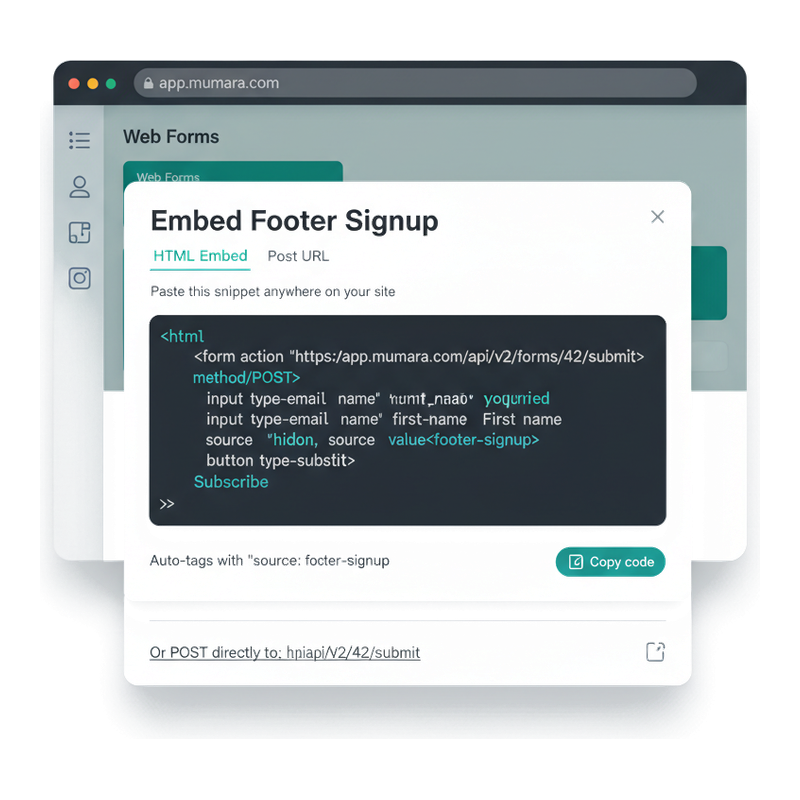 Mumara Web Forms embed-code modal — HTML Embed tab active, dark-themed code snippet with form action POST URL and hidden source field, Copy code button, plus the direct POST URL row beneath