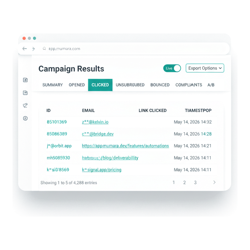 Mumara Campaign Results CLICKED tab — table of per-recipient click events with email, link URL, and timestamp