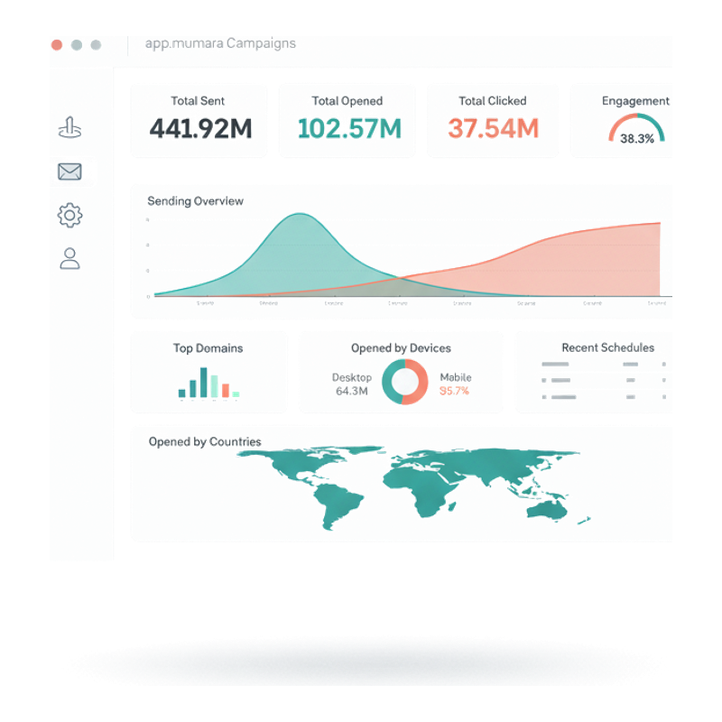 Mumara Dashboard — 4 stat cards (441.92M sent, 102.57M opened, 37.54M clicked, 38.3% engagement), area chart, Top Domains bar chart, Opens by Devices donut, world map