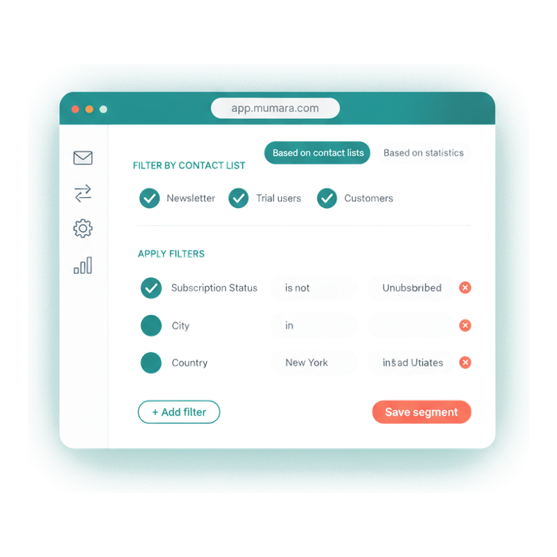 Mumara Campaigns contacts-based segment builder with filter rows for subscription status, city, and country