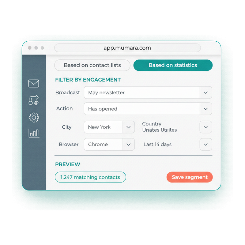 Mumara Campaigns engagement-based segment builder filtering opens by city, country, browser and time range