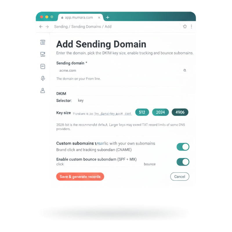 Mumara Add Sending Domain form — Sending domain input (acme.com), DKIM section with Selector input (key) and Key size radio pills (2048 selected), Custom subdomains section with tracking and bounce toggles ON, Save & generate records button