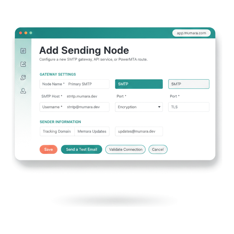 Mumara Add Sending Node form — Gateway Settings section with SMTP Host / Port / Username / Encryption, Sender Information section, Tracking Domain picker, Validate + Test buttons