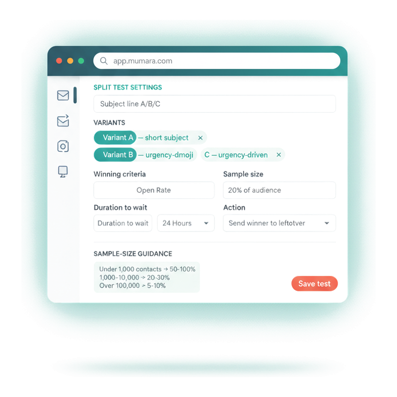 Mumara Campaigns split test setup form — name, variants multi-select, winning criteria, sample size, duration, and post-test action