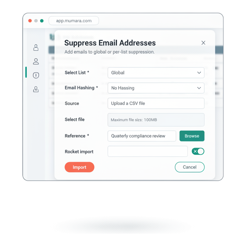 Mumara Suppress Email Addresses modal — Select List Global, Email Hashing, Source Upload a CSV file, Reference field, Rocket import toggle