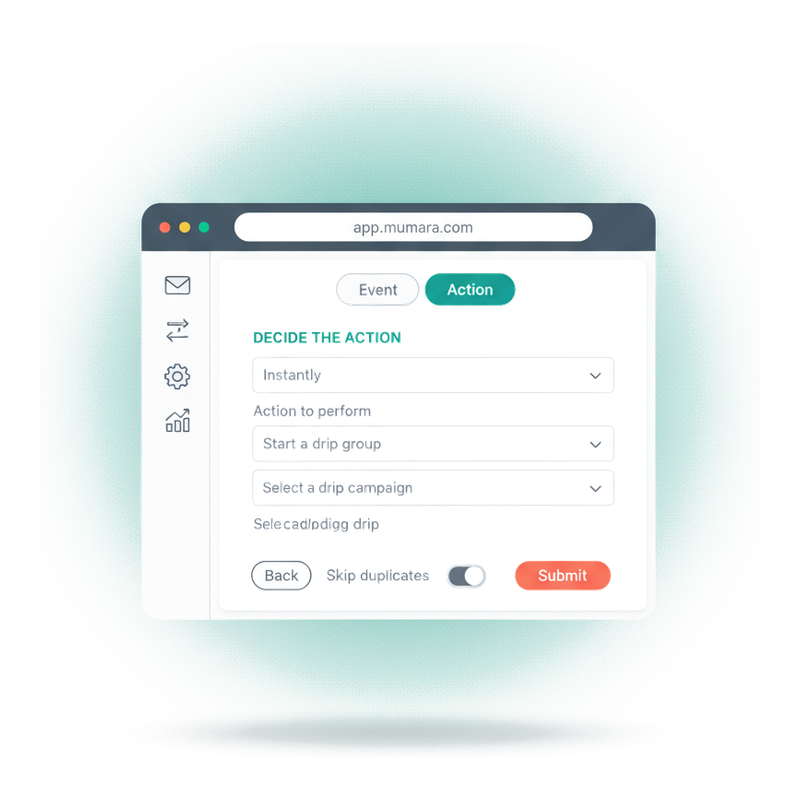 Mumara Campaigns trigger wizard — step two, decide the action with delay, action type, and configuration