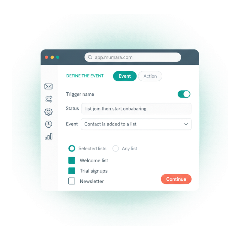 Mumara Campaigns trigger wizard — step one, define the event with list scope and conditions