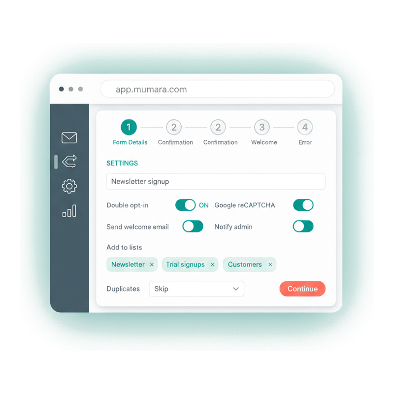 Mumara Campaigns web form builder — first step of the guided wizard showing form name, double opt-in, reCAPTCHA, list assignment, and duplicate policy