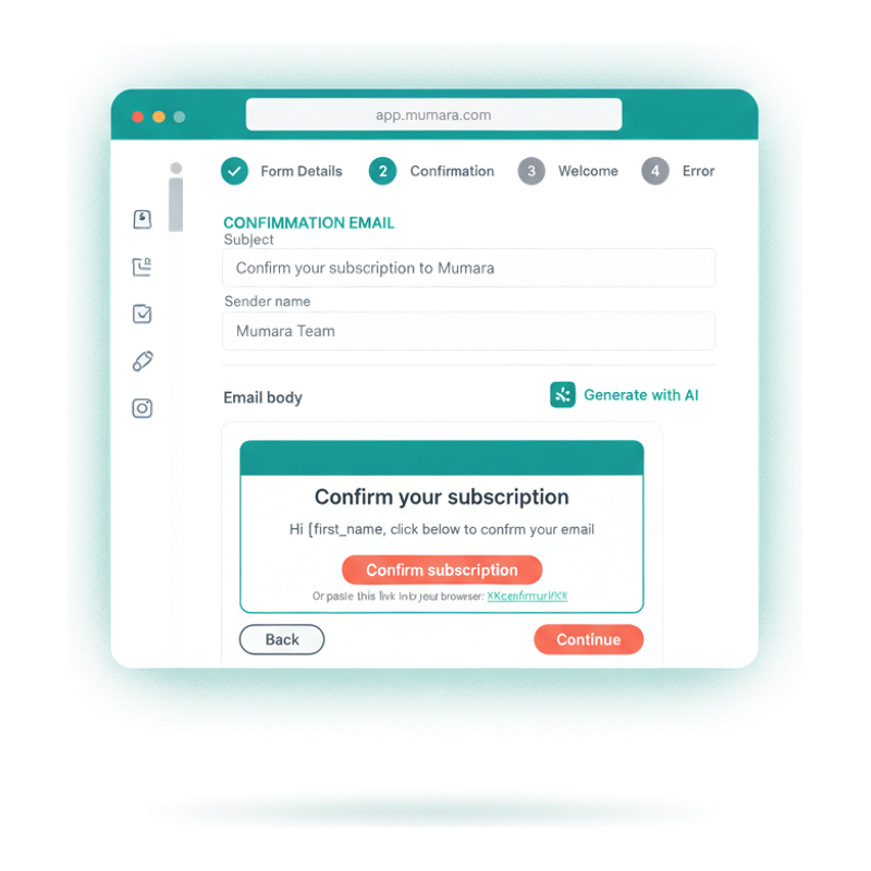 Mumara Campaigns web form builder — confirmation email composer step with subject, sender, AI generate button, and a live email preview with confirm-subscription CTA