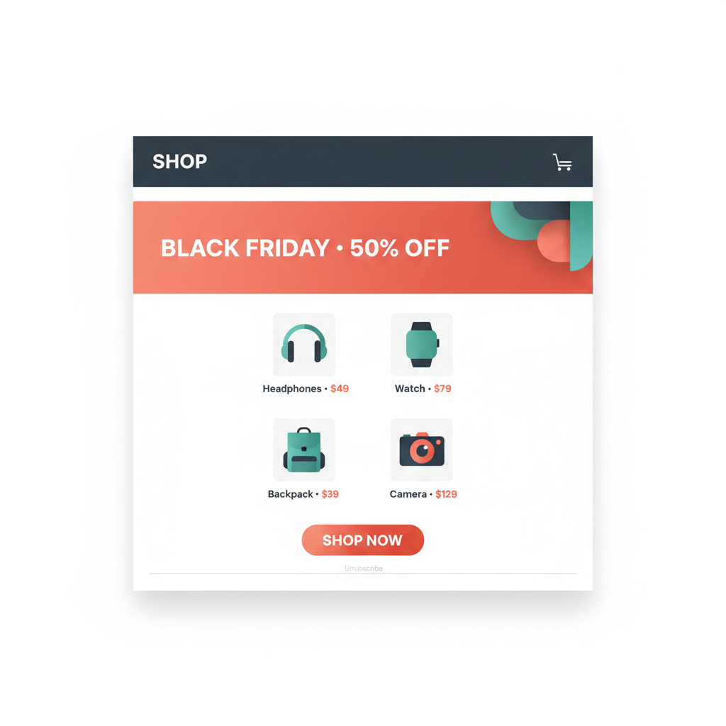 Featured email template — SHOP header with cart icon, BLACK FRIDAY 50% OFF banner, 2x2 product grid with Headphones, Watch, Backpack, Camera, SHOP NOW coral CTA